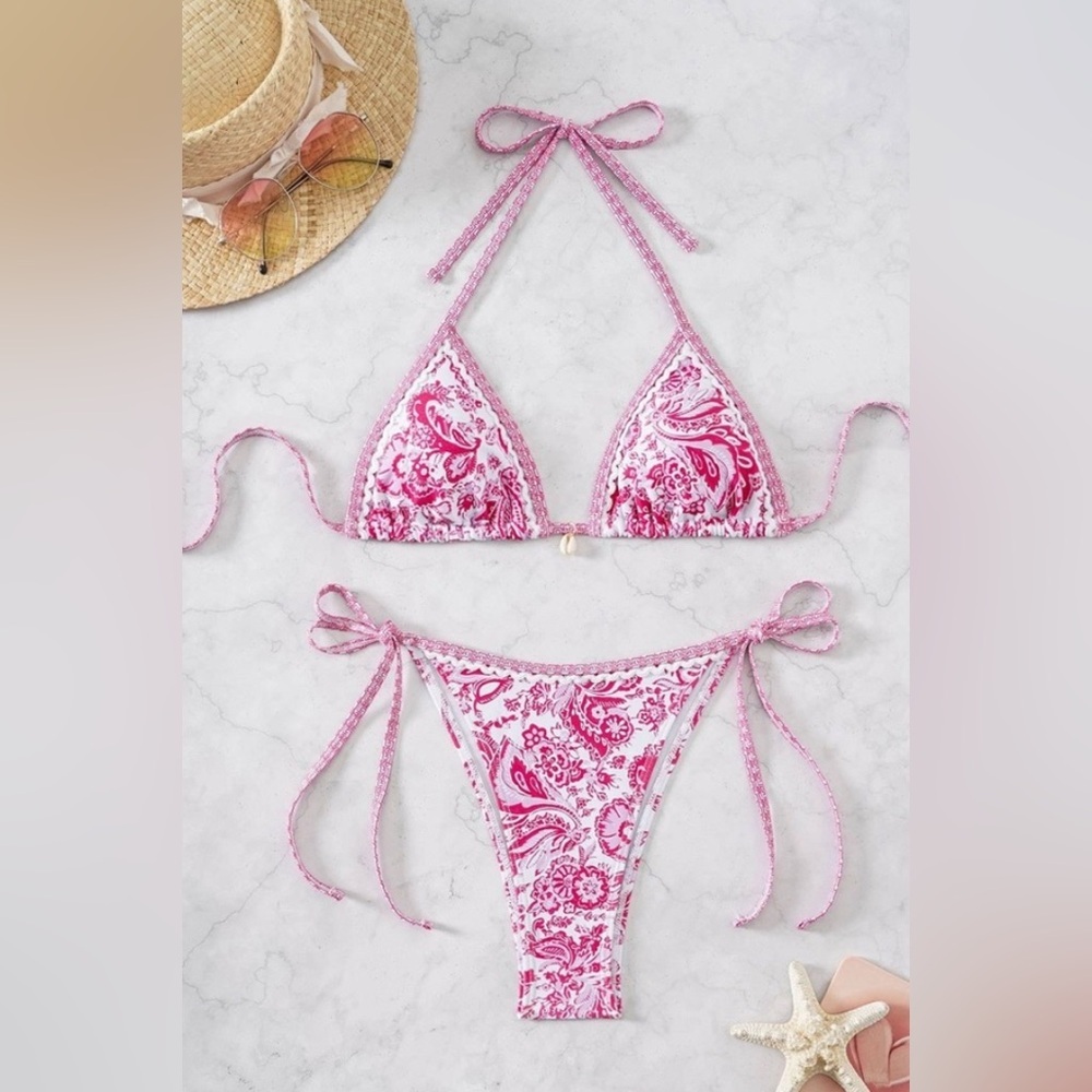 Pink Bohemian Print Lace-Up Sexy Bikini Split Swimsuit Set